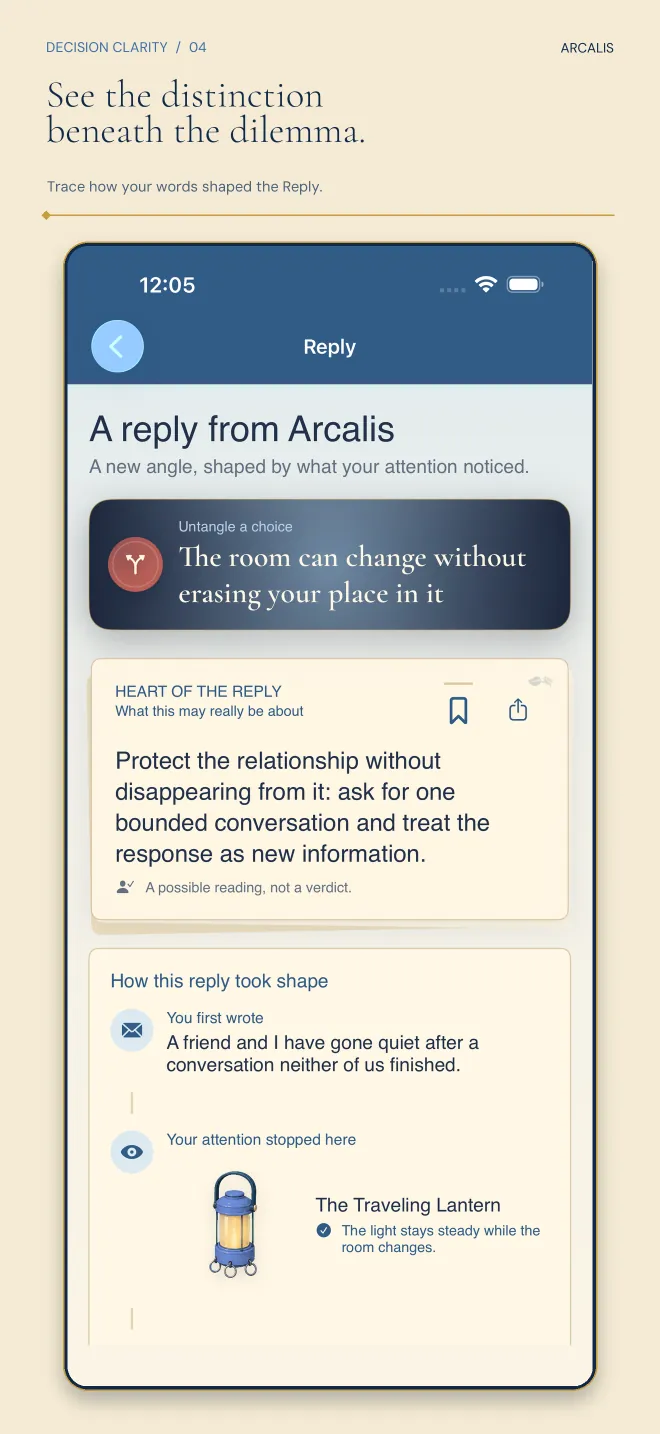 Arcalis Reply screen presenting the heart of the reply